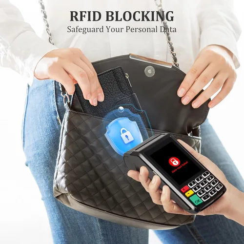 Vista 3 de Airkit Billetera pequeña plegable para mujer, con bloqueo RFID, tarjetero con cremallera, cartera de viaje con bolsillo para monedas, color negro
