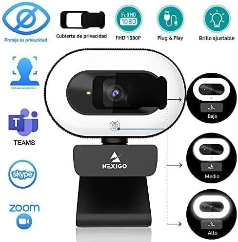 Vista 3 de NexiGo StreamCam N930E con software, cámara web de 1080P con luz de anillo y cubierta de privacidad, enfoque automático, Plug and Play, cámara web