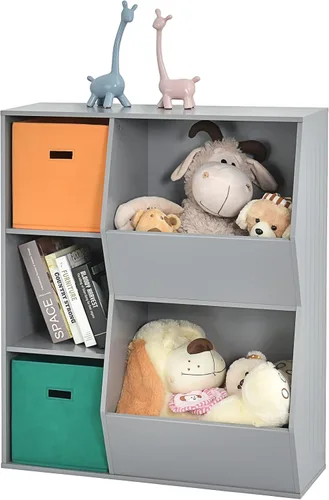 Vista 10 de HONEY JOY Organizador de almacenamiento de juguetes para niños con 5 cubículos, estantería y estantería para niños con 2 cajas de almacenamiento