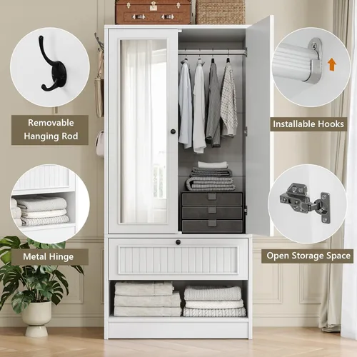 Vista 6 de iPormis Armario de madera con puerta de espejo y cajón, armario para recámara con 2 puertas para colgar ropa, color blanco