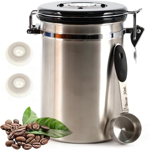 Vista 2 de Recipiente de café hermético de 1.8 L, recipiente de almacenamiento de café de 26 onzas, tarro de café hermético de acero inoxidable con cuchara