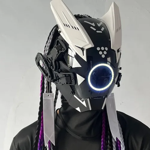 Vista 2 de YYINYUAN Máscara punk blanca futurista, decoración de casco de cosplay de Halloween con trenza ligera y sucia, máscara cibernética estilo guerrero