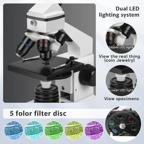 Vista 4 de Microscopio para adultos profesionales: microscopio compuesto para niños de 8 a 12 años, kit de microscopio para niños de 100X-2000X