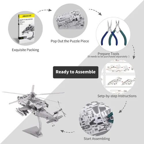 Vista 3 de Piececool Rompecabezas de metal 3D modelo militar, 10 modelos de helicópteros de avión para construir para adolescentes, hombres, aficiones