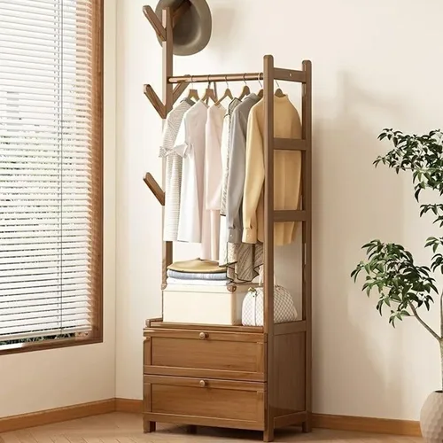 Vista 19 de Perchero de madera para colgar ropa con estantes de almacenamiento para entrada, pasillo, sala de estar