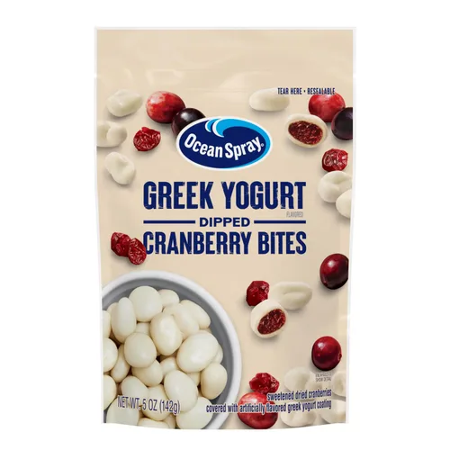 Vista 14 de Ocean Spray® Yogur griego cubierto Craisins®, sabor a yogur griego, arándanos cubiertos, frutas secas, bolsa de 5 onzas