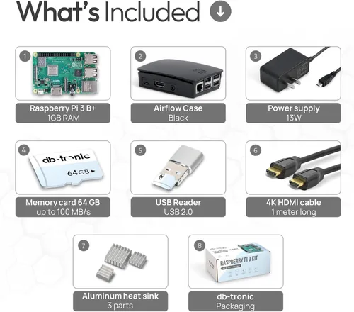 Vista 2 de Raspberry Pi3 B+ Kit de inicio de 1 GB Edición de 64 GB Fuente de alimentación Caja Oficial Cable Micro HDMI 4K de 3.3 ft Disipador