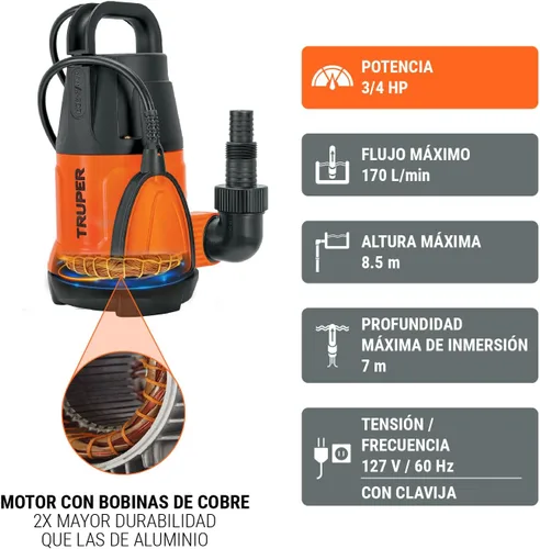 Vista 2 de TRUPER BOS-3/4LP Bombas de agua limpia sumergibles 3/4Hp (560 w)