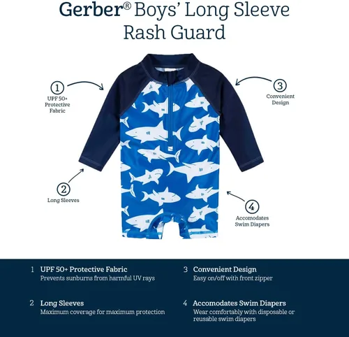 Vista 6 de Gerber Traje de baño de manga larga de una pieza con protección solar para niños pequeños