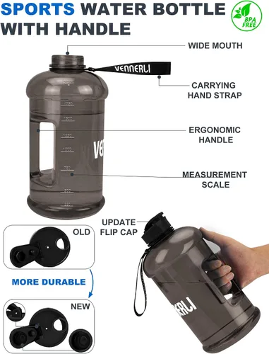 Vista 2 de Botella de agua de medio galón de 2.2 L grande para deportes con asa, 74 onzas, sin BPA, reutilizable, de plástico, a prueba de fugas