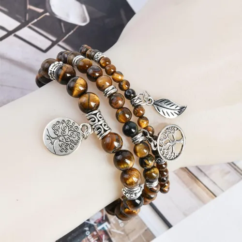 Vista 4 de YGLINE Pulseras de piedra curativa de yoga del árbol de la vida, juego de pulseras de reiki de piedra de chakra de loto multicapa, piedra natural