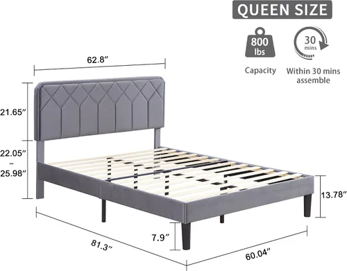 Vista 2 de VECELO Base de cama tamaño Queen con plataforma tapizada de cuero de alta calidad con cabecera ajustable en altura / base de colchón, soporte