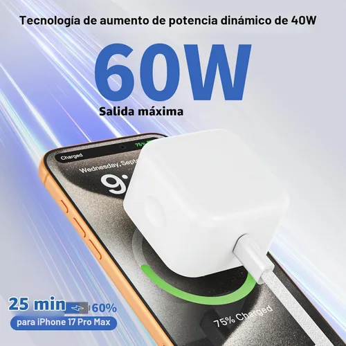 Vista 2 de Paquete de 2 cargadores rápidos para iPhone 17/16/15, adaptador dinámico Apple USB C de 40W con cable tejido de carga rápida tipo C-C de 60W máximo