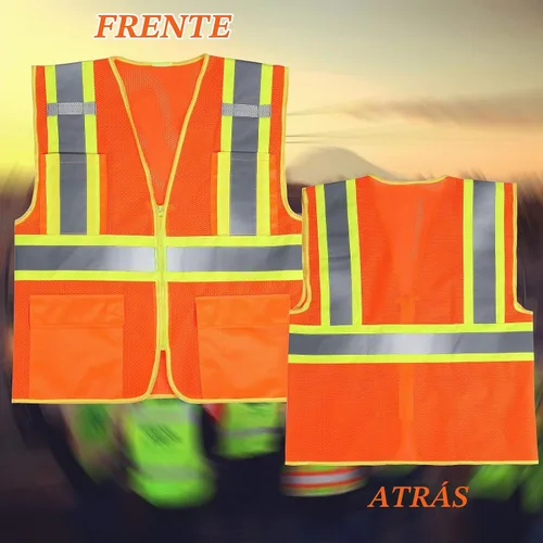 Vista 4 de Chaleco de seguridad reflectante de alta visibilidad con cremallera y bolsillos O/Y, Naranja