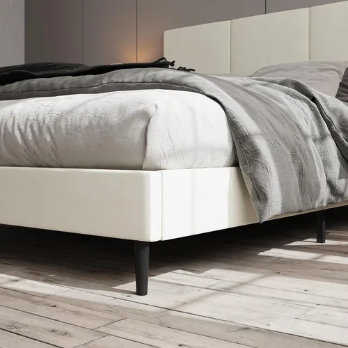 Vista 6 de IOILORI Base de cama tamaño Queen con cabecera tapizada, listones de madera resistentes, no requiere somier, silencioso, fácil montaje, beige