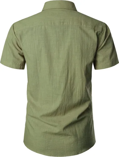 Vista 3 de ZEROYAA Camisas de lino y algodón ajustadas para hombre, de manga corta, con botones, ligeras, para la playa, con bolsillo