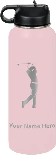 Vista 16 de LaserGram Botella de agua personalizada, golfista de golf, acero inoxidable de doble pared aislada al vacío con popote superior, regalo grabado Negro