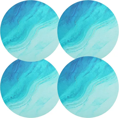 Vista 2 de Juego de manteles individuales redondos de PVC antideslizantes y resistentes al calor, diseño de mármol azul con vetas doradas, 1 paquete