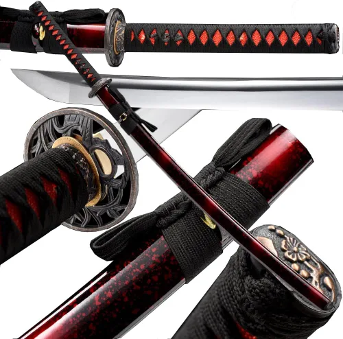 Vista 12 de Espada Katana Tradicional Forjada a Mano con Templado de Calor/Arcilla Verdaderas Katanas de Acero al Carbono 1060/1095 T10, Afilar, Espiga Doble