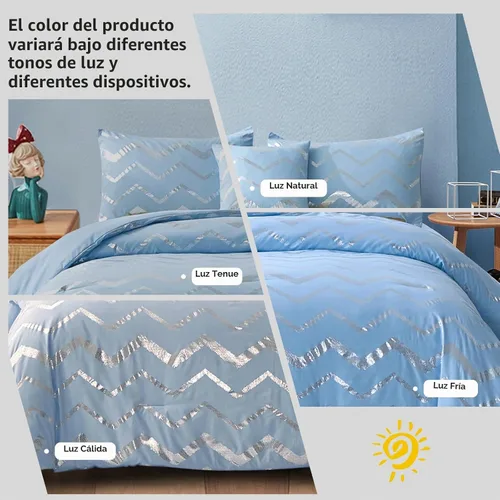 Vista 2 de Menghomeus Juego de edredón azul/plateado tamaño Twin/Twin XL, estampado metálico con purpurina, edredón de cama bonito y brillante, juegos de ropa