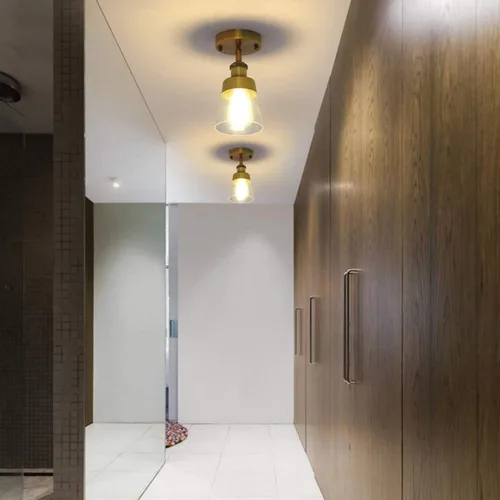 Vista 3 de Fivess Lighting Lámpara de techo semiempotrada de cristal transparente de color dorado antiguo para pasillo, baño, entrada, cocina, granja