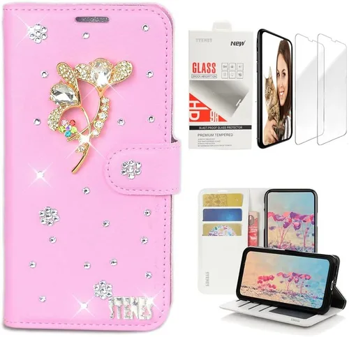 Vista 10 de Bling - Funda de piel tipo cartera compatible con Samsung Galaxy S21 Ultra - Elegante - 3D hecha a mano con colgante de hojas de lujo con protector