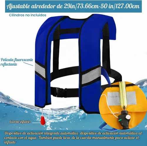 Vista 7 de Paquete de 3 chalecos salvavidas inflables automáticos 150N – Chaleco de natación de nailon ajustable con inflado de CO2, tiras reflectantes y Negro