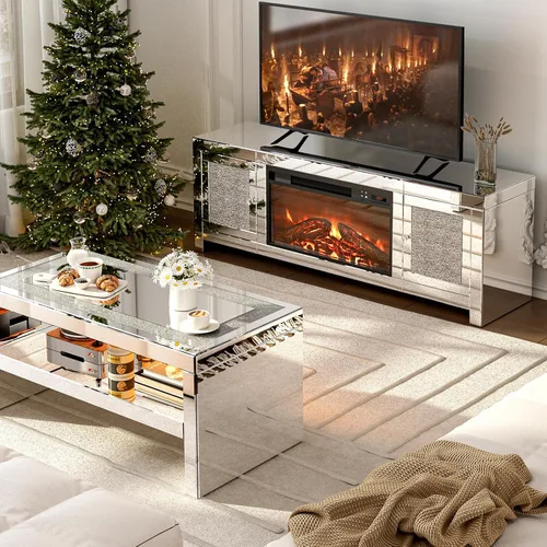 Vista 9 de IKIFLY Soporte de TV con chimenea con espejo, centro de entretenimiento