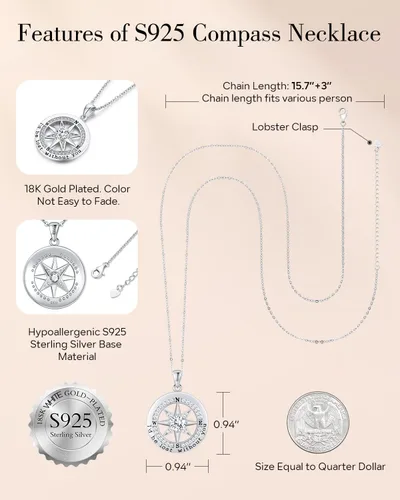 Vista 4 de S925 Necklace Gift for Wife Compass Jewelry Women Anniversary Sterling Silver Girlfriend Birthday Gifts for Her Valentines I'd be Lost without You
