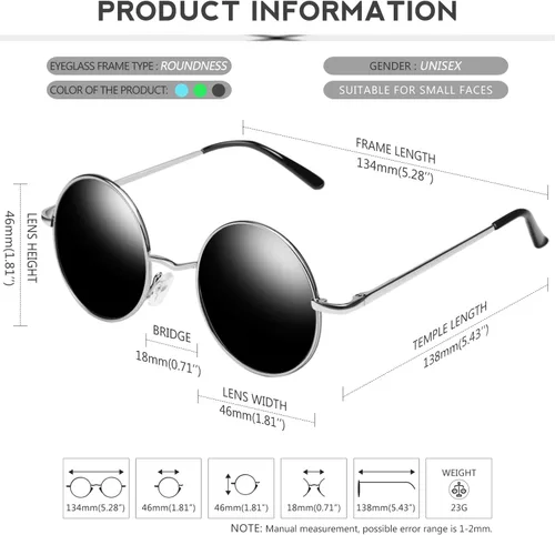 Vista 62 de KANASTAL Gafas de sol redondas polarizadas para mujeres y hombres, estilo hippie con protección UV400