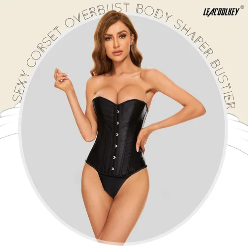 Vista 3 de LEACOOLKEY - Bustier de encaje para mujer, corsé sexy de busto alto, moldeador de cintura, top de corsé A-Negro