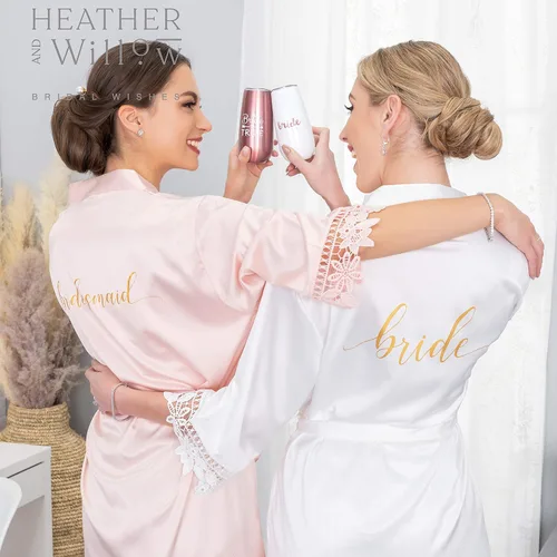 Vista 6 de Heather & Willow Bata de damas de honor Bata de novia de satén, bata de novia para el día de la boda Propuesta de despedida de soltera y dama