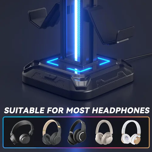 Vista 5 de KDD RGB Headset Stand with 9 Light Modes - Controller Holder for Desk - Rotatable Headphone Stand & Detachable Controller Hook for PC Earphone