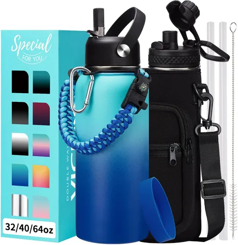 Vista 48 de Botellas de agua de 32 onzas aisladas con pajita y tapa para beber de un sorbo, asa de paracord, bolsa de transporte con correa, termo de triple