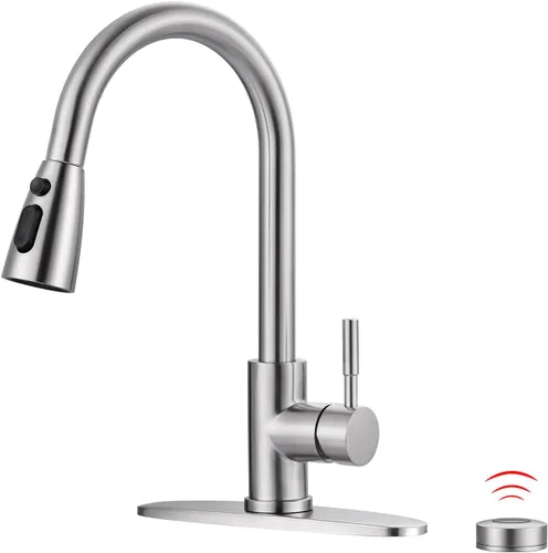 Vista 29 de WOWOW Grifo de cocina con rociador, grifo de fregadero de cocina, acero inoxidable SUS 304, grifo de cocina de níquel cepillado de arco alto