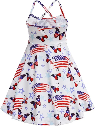 Vista 2 de Vestido de verano para niñas con tirantes delgados, vestido patriótico 4 de julio con la bandera americana