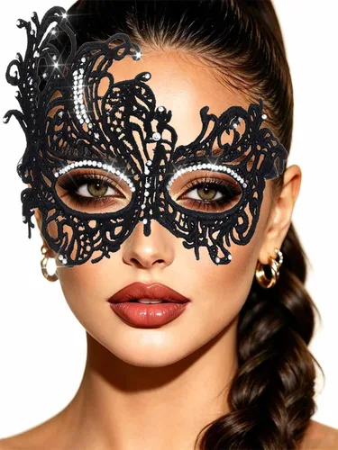 Vista 9 de Yalice Máscaras de encaje con strass para mujer, máscara de media cara con destellos para fiesta de disfraces