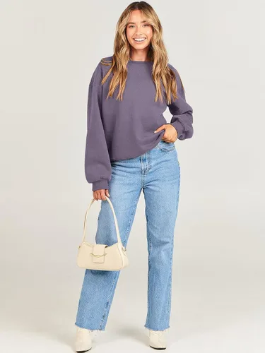 Vista 9 de ANRABESS - Sudaderas de vellón de mujer, cuello redondo, de gran tamaño, bonitas, para otoño e invierno, para estudiantes de preparatoria, jóvenes