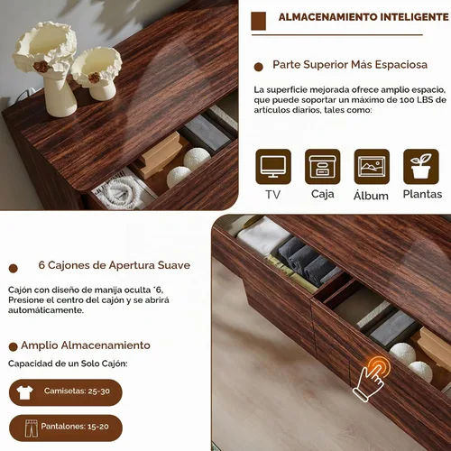 Vista 6 de ACCOHOHO Cómoda moderna de 6 cajones para dormitorio, cómoda de madera de 52 pulgadas de ancho con gran almacenamiento, cómoda sin asas, soporte