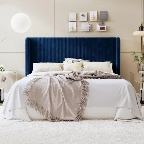 Vista 15 de SHA CERLIN - Base de cama tamaño Full tapizada en pana con plataforma y cabecera acolchada con diseño acanalado vertical estilo wingback, 8