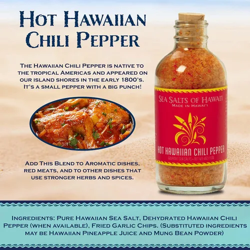 Vista 2 de Sea Salts Of Hawaii Sal marina hawaiana con sabor a chile hawaiano, botella de 4 onzas, fabricada en Hawái