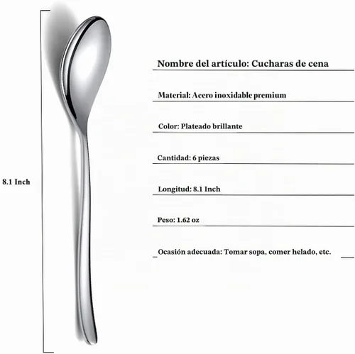 Vista 2 de Cucharas de cena de 6 piezas, cucharadas de acero inoxidable de 8.1 pulgadas, cucharas de sopa, cucharas de postre, cucharas de cubiertos