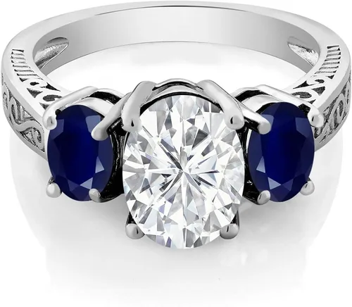 Vista 2 de Anillo de plata de ley 925 con moissanita creada en color blanco de piedra de gema King y zafiro azul para mujer (3.21 quilates), disponible