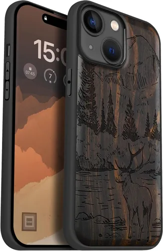Vista 10 de Carveit Funda magnética de madera para iPhone 15, compatible con cargadores inalámbricos MagSafe, funda negra de TPU suave a prueba de golpes