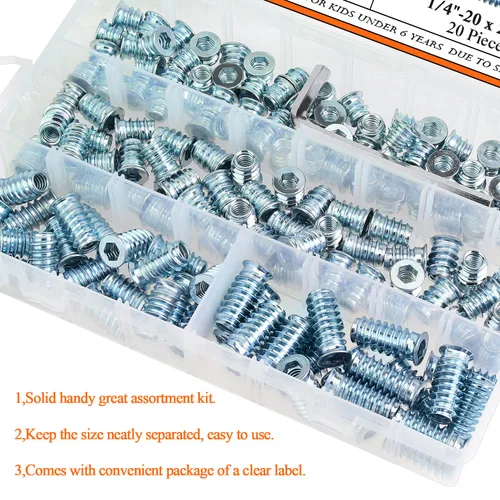 Vista 6 de Insertos roscados de 1/4-20, insertos de madera, insertos roscados de acero para tornillo de muebles de madera, kit de 145 piezas de insertos