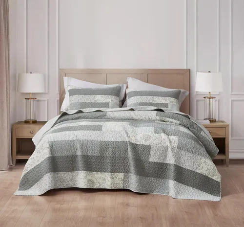 Vista 2 de Chezmoi Collection Caleb - Juego de edredón de 2 piezas con diseño floral a cuadros en gris apagado, blanco y marfil, rectangular, prelavado