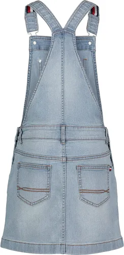 Vista 2 de Tommy Hilfiger Vestido de mezclilla con falda alta para niña, estilo general con cierre de gancho y bucle, bolsillo funcional