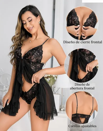Vista 3 de Lencería para mujer, con cierre frontal, babydoll de encaje, camisola con cuello en V, camisón con volantes, ropa de dormir sexy Negro