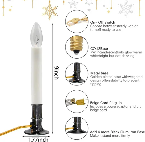Vista 2 de Paquete de 4 Lámparas de Vela Eléctrica para Ventana con Base Chapada en Peltre, Luz de Vela de Ventana de Navidad, Interruptor