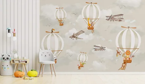 Vista 2 de Murwall Papel pintado para niños, globo aerostático, animales, papel pintado para niños, mural de pared de avión, arte de pared para guardería